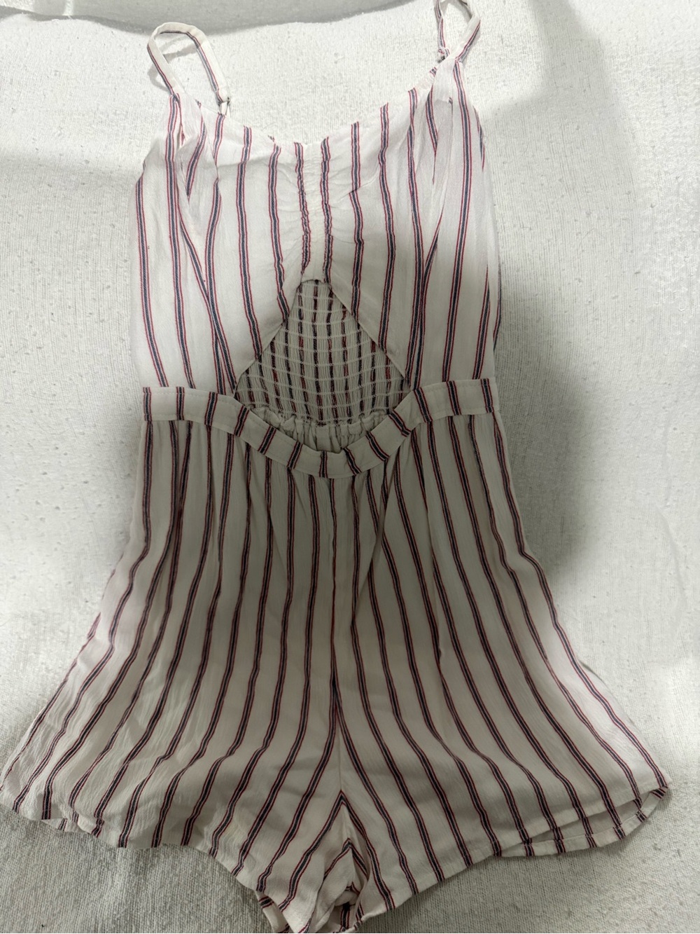 Hollister White Romper with Red Stripes and Lace Inset